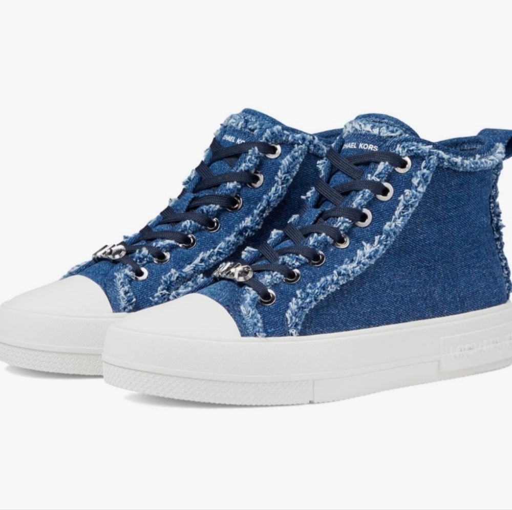 BNIB Michael Kors Evy Frayed Denim High-Top Sneakers, SZ 9